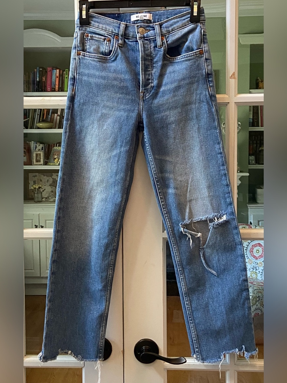 Re/Done 70s Stove Pipe Indigo Jeans with Distressed Knee Size 24